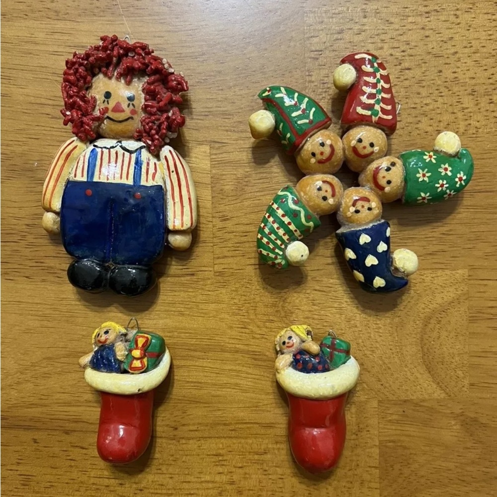 Vintage Salt Dough Christmas Ornaments 4 Lot Stockings Santa Hats Raggedy Andy